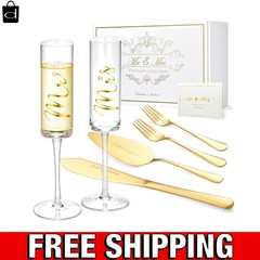 Elegant Gold Wedding Cake Knife & Server Set with Mr & Mrs Champagne Flutes