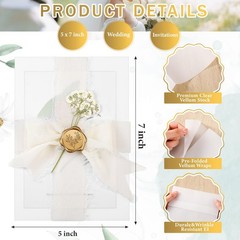 Fuyoooo 50 Set Wedding Invitations Wraps Pre Classic Style, Beige, Gold