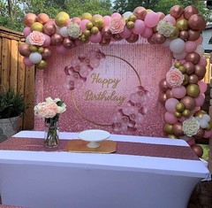 Pink Rose Gold Happy Birthday Backdrop Glitter Rose Gold Floral Balloon Bokeh…