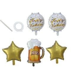 5 Gold White Round Beer Mug Stars Happy Birthday Mylar Foil BALLOONS Set Party
