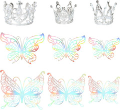 9 Pack Crown Cake Toppers Mini Tiara 3D Gold Butterfly Decoration Vintage Pearl