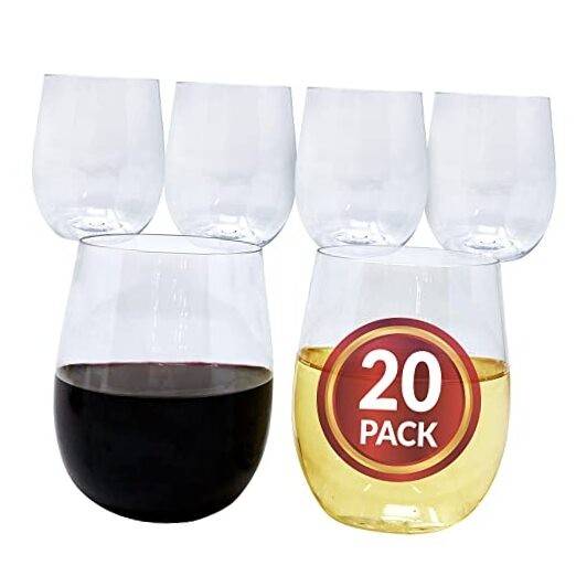 (20 Pack Disposable Wine Glasses 12 oz | Stemless Plastic Wine Glasses for