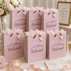 Bridesmaid Gift Bags Set of 6 Pink Polka Dot Bridal Shower Wedding Favor