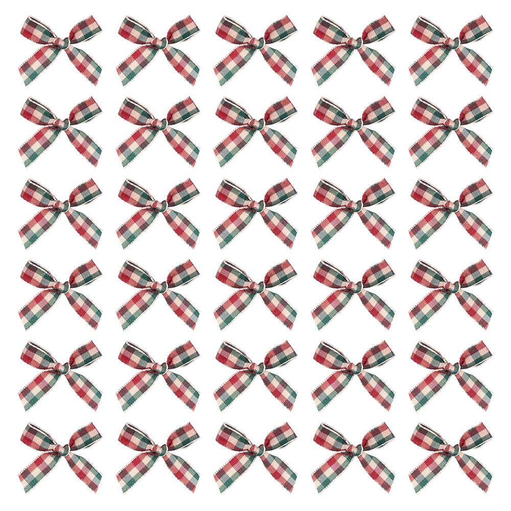 100 Pcs Mini Gingham Ribbon Bows 1.8 Inch Satin Ribbon Bows, Red Green Khaki