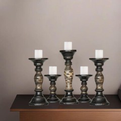 Eco-Friendly Handmade Dark Polish Mango Wood Set Of Five Pillar Candle Holder