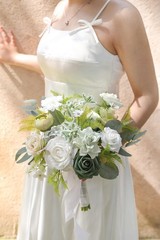 Artificial Bridal Bouquet Silk Foam 11 Inch White Green Rose Eucalyptus Wedding