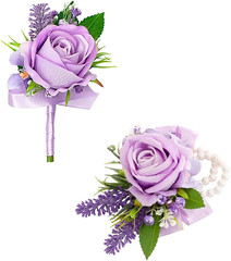 Purple Corsage and Boutonniere Set for Wedding Prom, Artificial Flower Wrist Cor