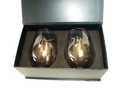 NEW, SWEETZER & ORANGE MR & MRS BRIDE AND GROOM STEMLESS SET OF 2 WINE GLASSES