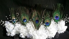 Peacock Feather Wedding BOUTONNIERE, White flower, CORSAGE,PROM,Quinceañera,Gift