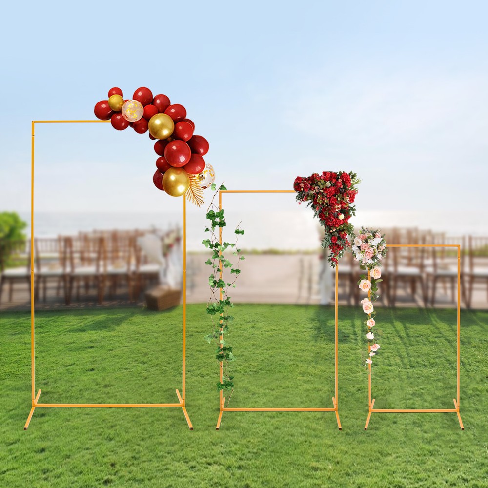 3-Piece Gold Freestanding Backdrop Stands Rectangular Balloon Frame for Wedding