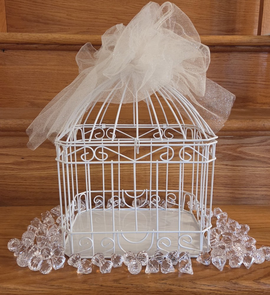 Bird Cage Wedding Card Gift Box White Metal Hinged Top Bow 84 Plastic Scatter…