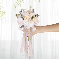 Elegant White Champagne Artificial Rose Wedding Bouquets for Bride & Bridesmaid