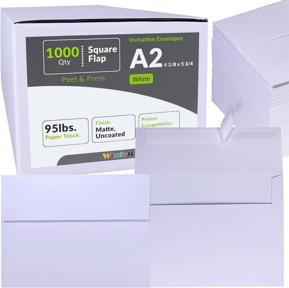 Winlyn 1000 Pcs Bulk A2 Invitation Envelopes in 1000 pcs white, White