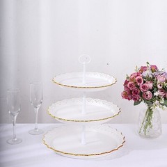 15″ Metallic White Gold 3 Tier Plastic Cupcake Stand Round Tower Lace Cut Trim