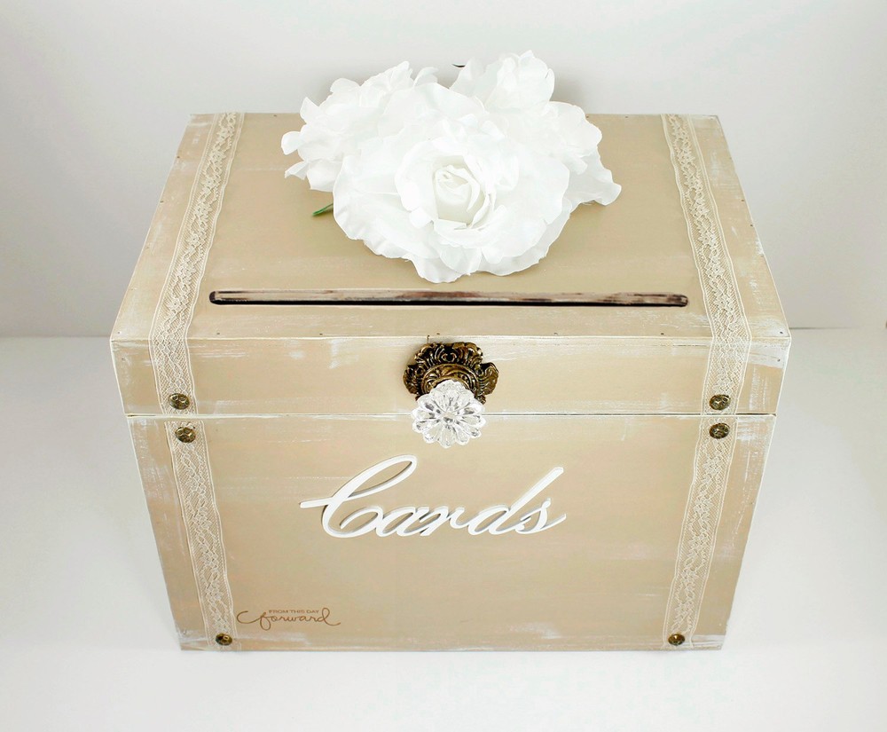 Vintage Wedding Card Box Trunk, Taupe, White, Rustic Card Box, Shabby Chic …..