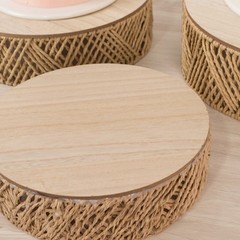 3 NATURAL Pedestal Cake Stands Jute Rattan with Wooden Top Plates Wedding