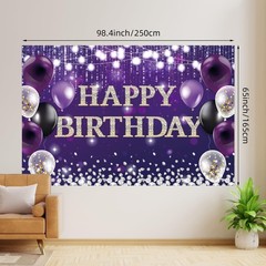 Large Happy Birthday Backdrop Banner Purple Theme Decor With Shiny Diamond No…
