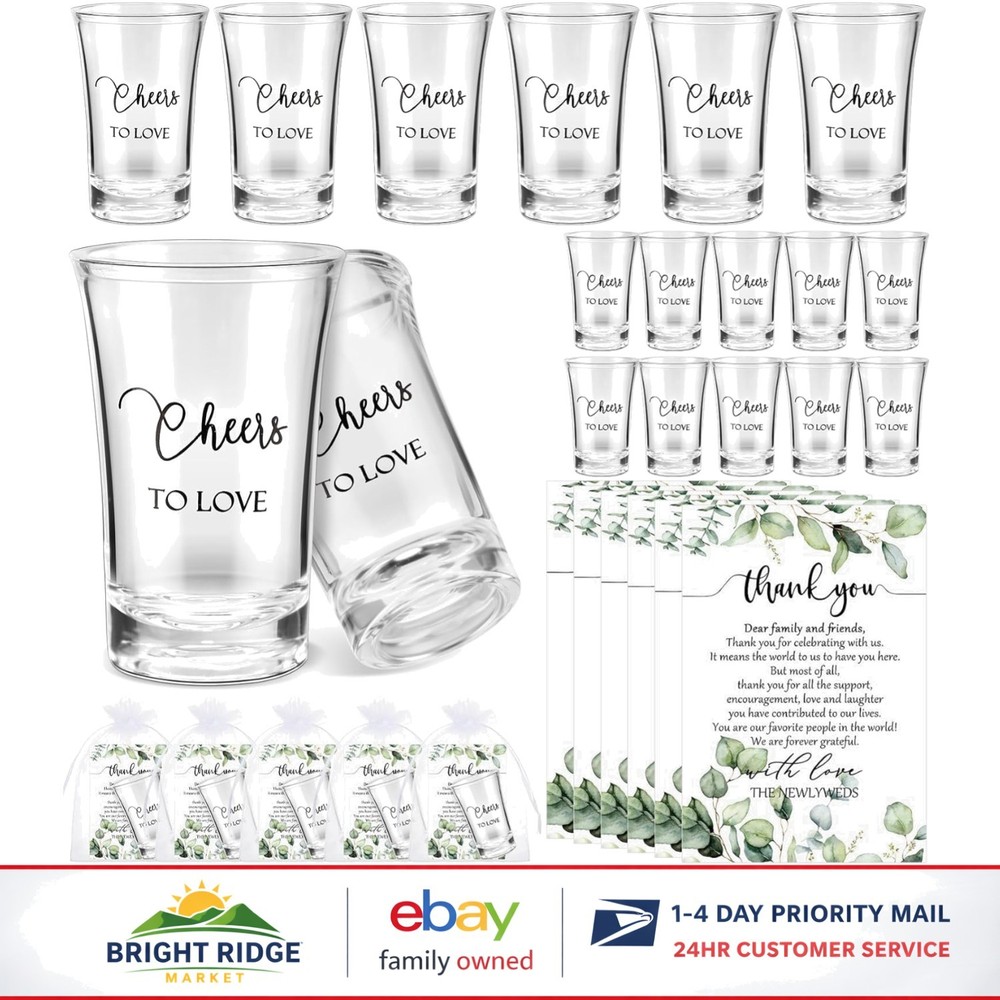 Acrylic Shot Glasses Set for Weddings with Organza Bags and Thank You Cards