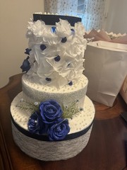 Tiered Faux Wedding Cake Centerpiece Decorative White & Blue Floral Roses