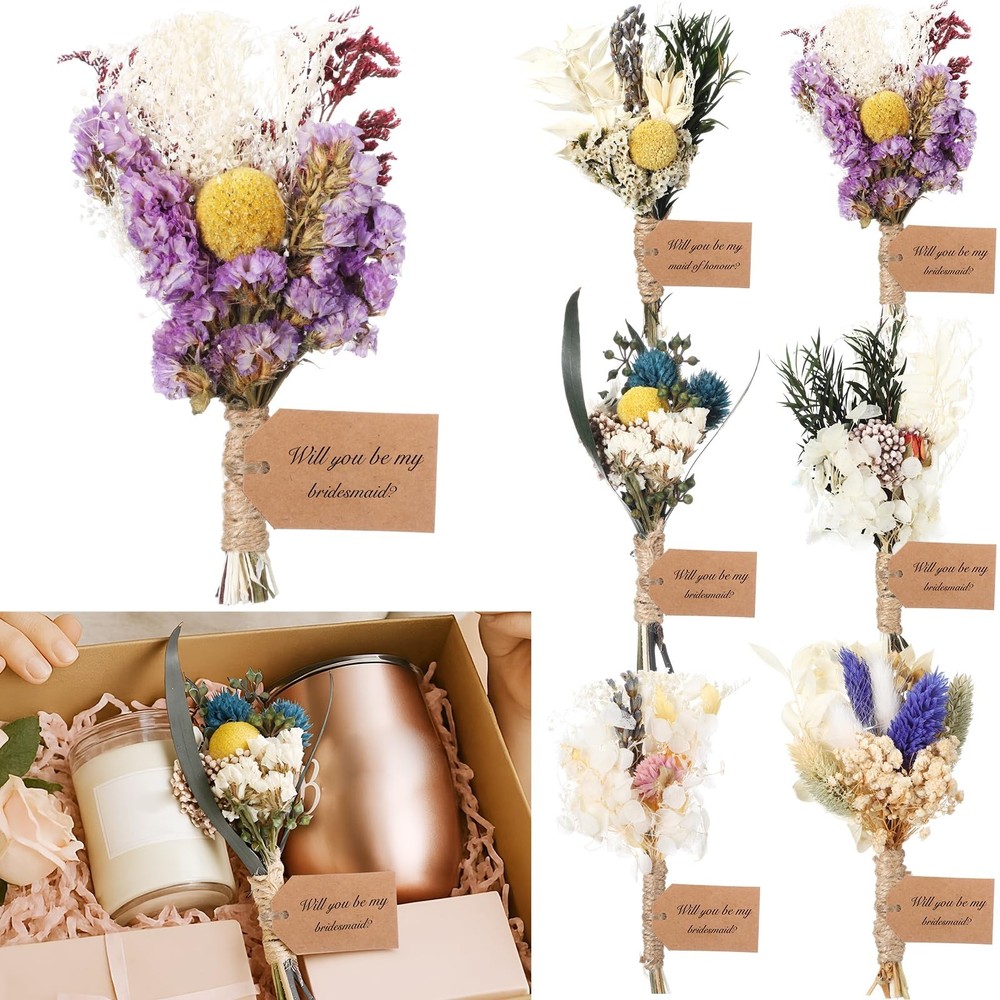 Bridesmaid Proposal Gifts Set of 6 Mini 6 Inch Dried Flower Bouquets Boho Dri…