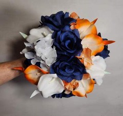 Orange Navy Blue Rose Calla Lily Bridal Wedding Bouquet Accessories
