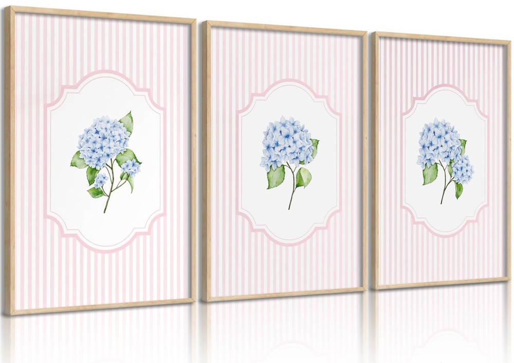 Blue Hydrangea Wall Art Pink Striped Rustic Farmhouse Floral Pictures Wall De…