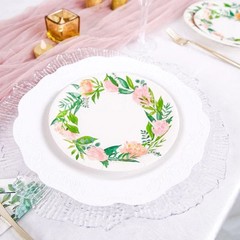 25 White 7″ Round Paper Plates with Flower Wreath Design Disposable Tableware