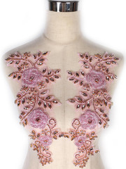Light Pink Beaded Rose Flowers &Leaves Rhinestone Pair Applique for Prom Dress B
