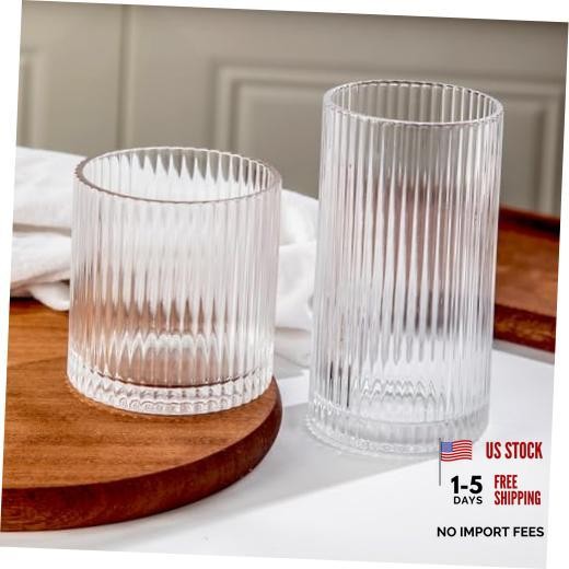 Ribbed Drinking Glasses 8pcs, 12oz and 10oz Glassware, Tumbler 8PCS- Clear