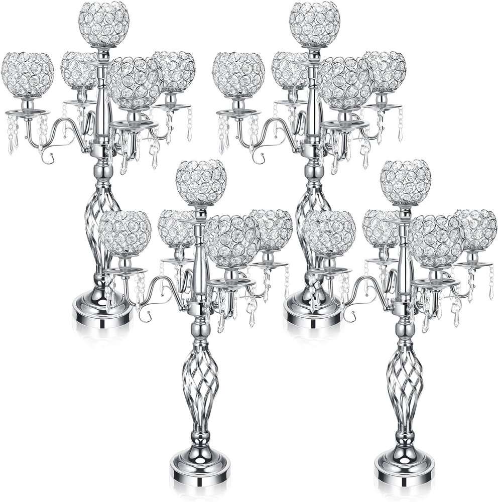 5 Arm Crystal Candelabra Centerpieces – 4 Pcs Silver for Weddings & Events