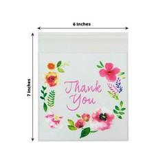 100 White Clear PVC Cookie Candy Bags With «Thank You» Floral Print Party