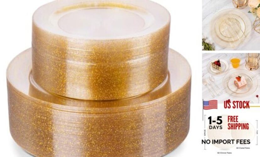 Gold Plastic Plates, Disposable Plates, Heavy Duty 60pcs 120PCS Gold Glitter