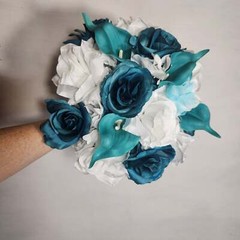Teal White Rose Calla Lily Bridal Wedding Bouquet Accessories
