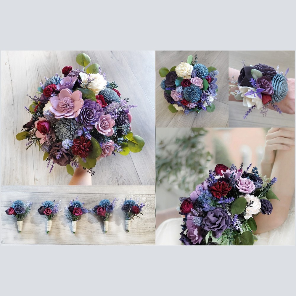 Lavender Blue Bridal Bouquet Burgundy Sola Wood Flower Bridesmaid Wildflowers