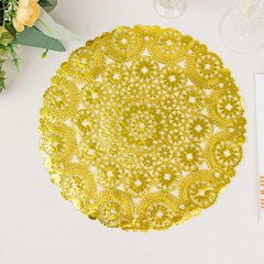50 GOLD Round Disposable Metallic Lace Design Paper PLACEMATS Party Tableware