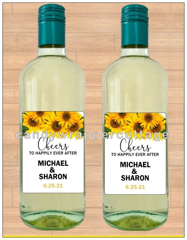 8 Wedding Wine Bottle Labels Personalized Waterproof Gloss Sunflower Rustic Barn
