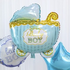 5 BLUE Round Carriage Stars Baby Shower Mylar Foil BALLOONS Set Party Events
