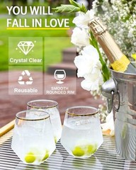 40 Pcak Plastic Stemless Wine cocktail Whiskey Champagne Gold Rim-40 Pack