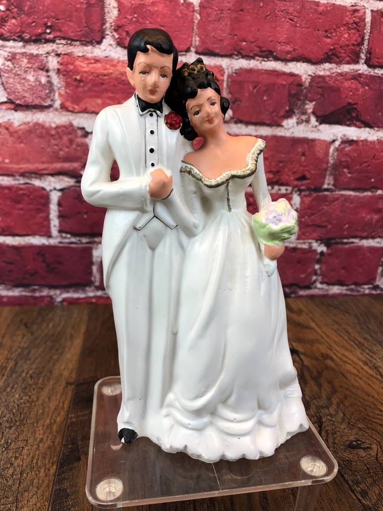 RARE Vintage 1950’s Porcelain WEDDING CAKE TOPPER BRIDE & GROOM Both In WHITE 7″