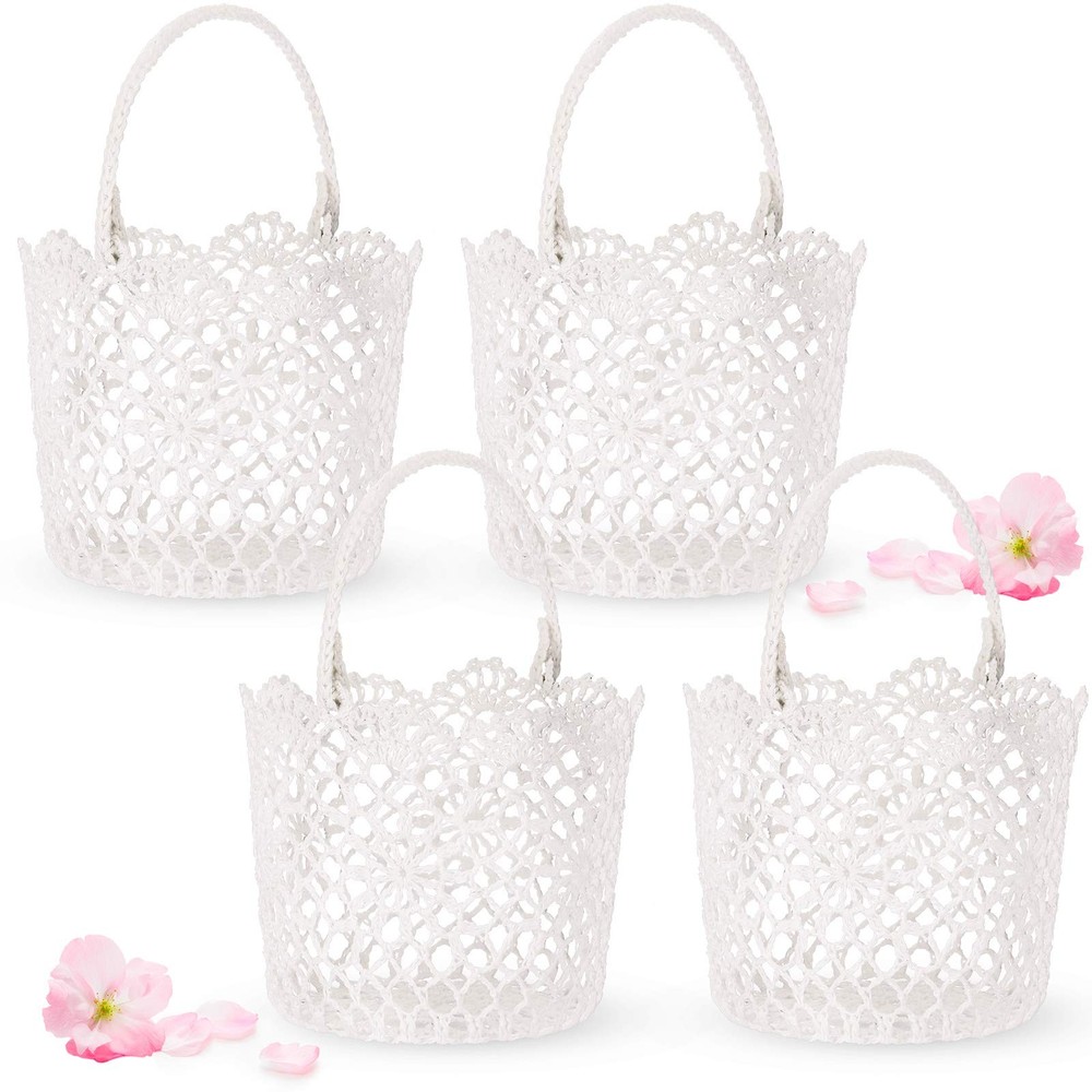 White Flower Girl Basket with Handle for Wedding Ceremony, 5.9 x 4.72 x 4.33 …