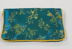 xLg 4×6.5″ Blue-Green gold Flower Chinese Fabric Jewelry Charm Zipper Pouch Euc