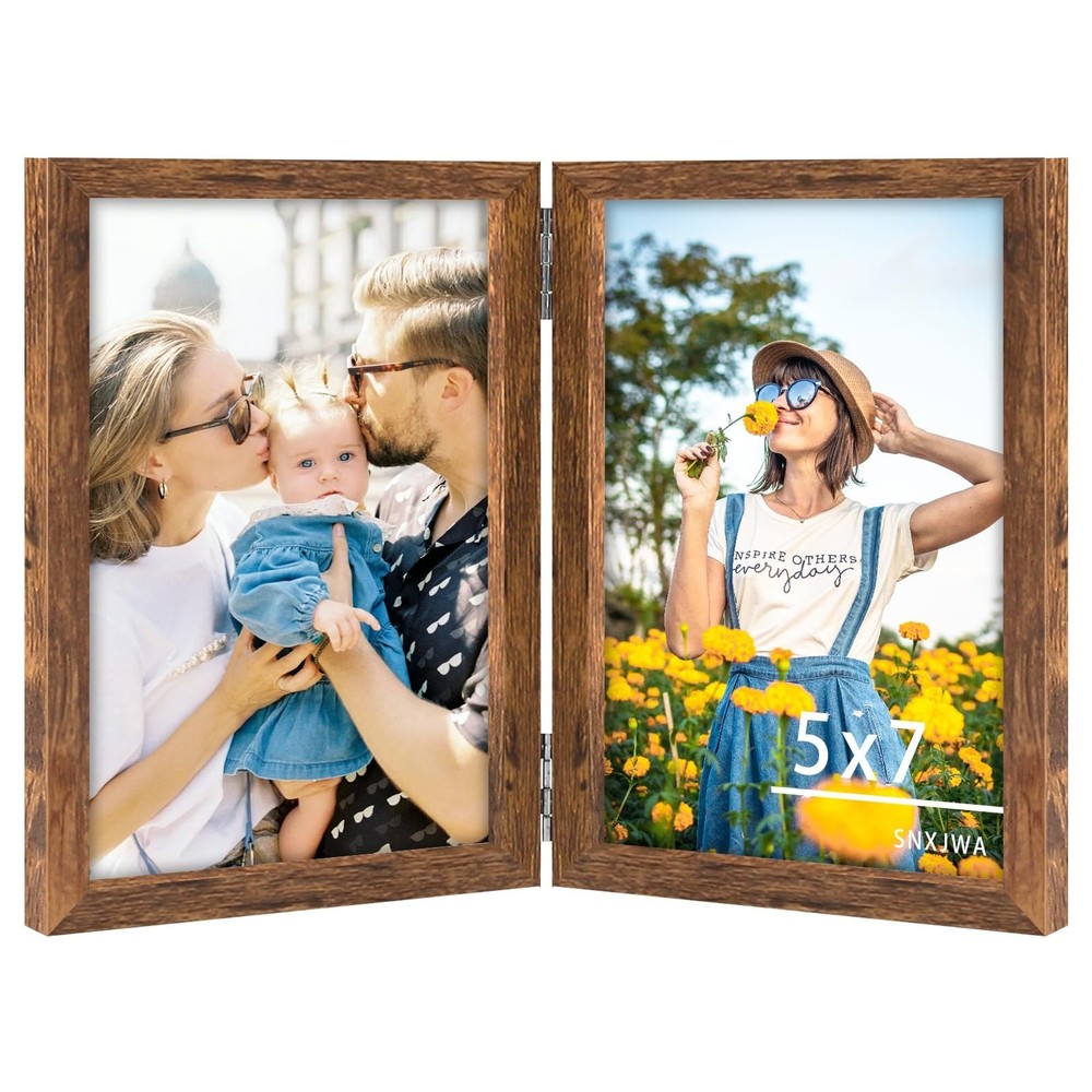 Brown 5×7 Picture Frames Double Photo Frame Folding Vertical Stand Display Si…