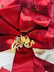 Artificial Red Rose Wedding Bouquet w/ Gold Rhinestone Brooch, Fabric & Plastic
