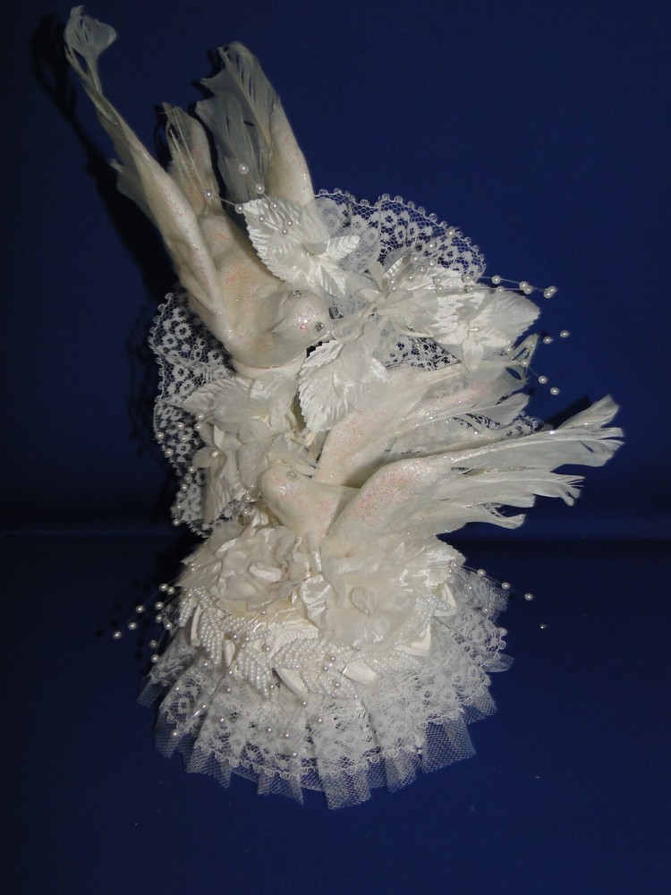 New Elegant Wedding White Love Birds Caketop, Satin bead Flowers & leaves #230