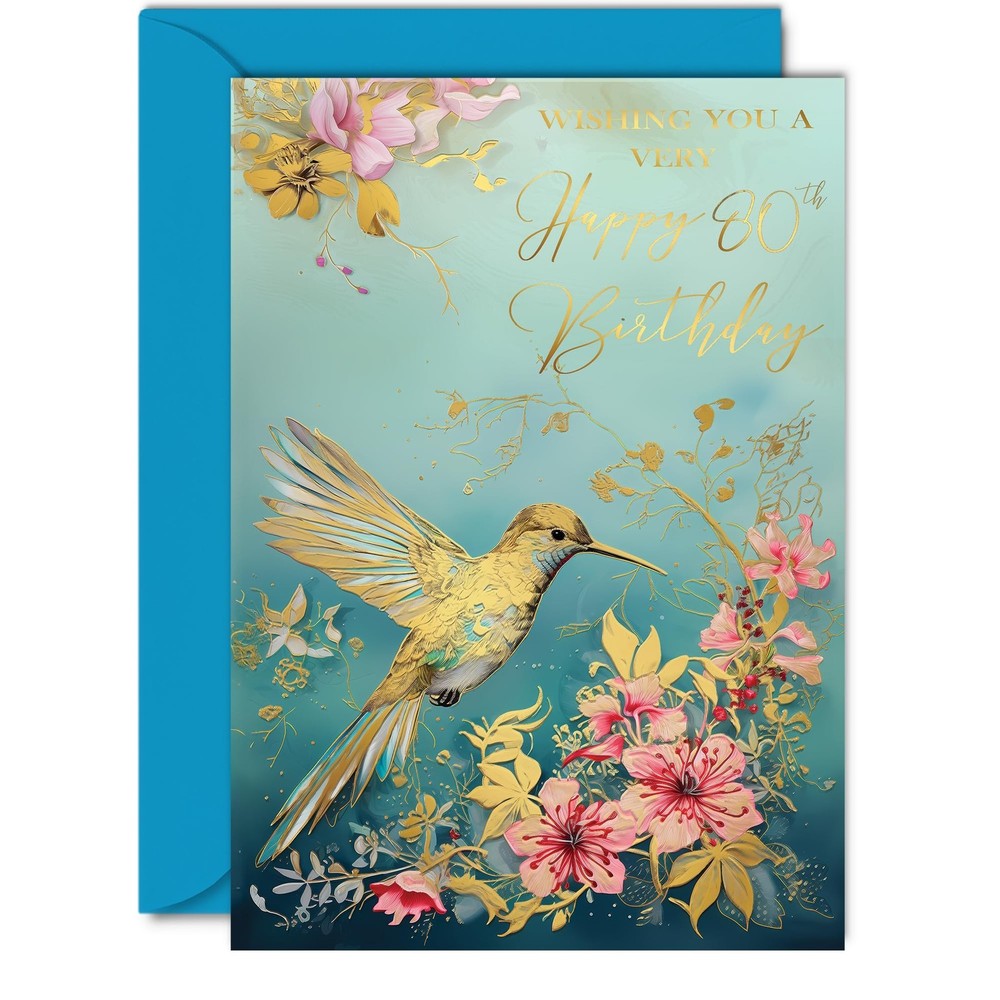 Beautiful Gold 80th Birthday Cards for Women Men – Wonderful Golden Birds Hum…