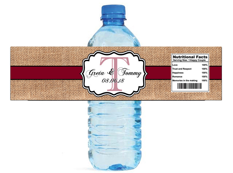 Burlap Burgandy Stripe Monogram Wedding Water Bottle Labels