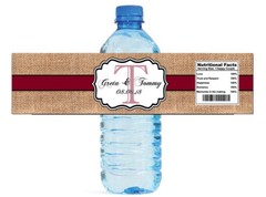 Burlap Burgandy Stripe Monogram Wedding Water Bottle Labels