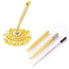 Jiebor 2Pcs Wedding Pen and Metal Pen Stand Holder Set Signing Desk Gold