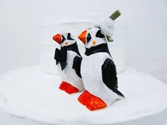 Puffin Cake Top Bride Groom Love Bird Winter Wedding Engage Carve Wood Statue