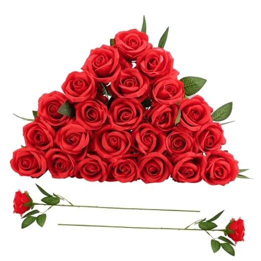 24 Pcs Rose Artificial Flowers with Long Stem Real Touch Silk Plastic Red